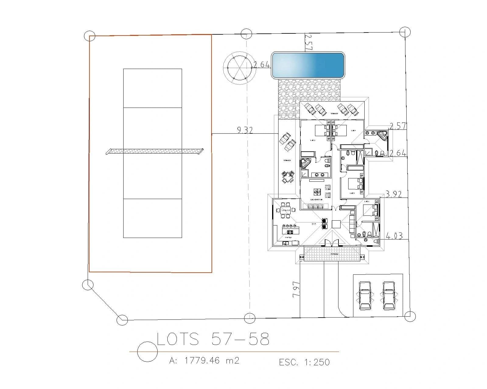 Villa site plan showing lots 57-58 layout